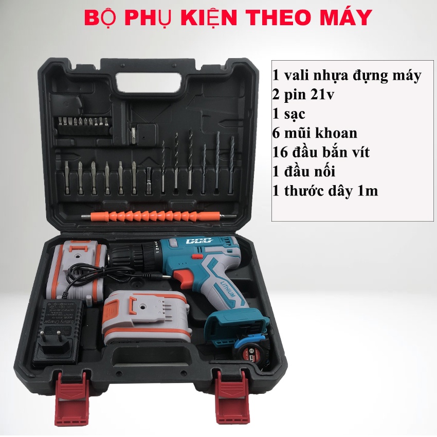 Máy khoan pin 21V-G1021 công nghệ Thái Lan, Công suất 720w, đèn LED siêu sáng |Tặng kèm bộ phụ kiện 25 chi tiết