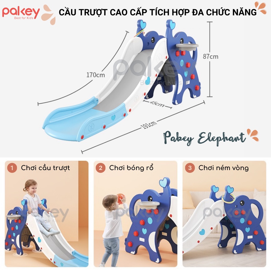 Cầu trượt voi Pakey, cầu trượt cho bé TẶNG KÈM BÓNG RỔ + NÉM VÒNG, nâng cấp bậc khép kín an toàn