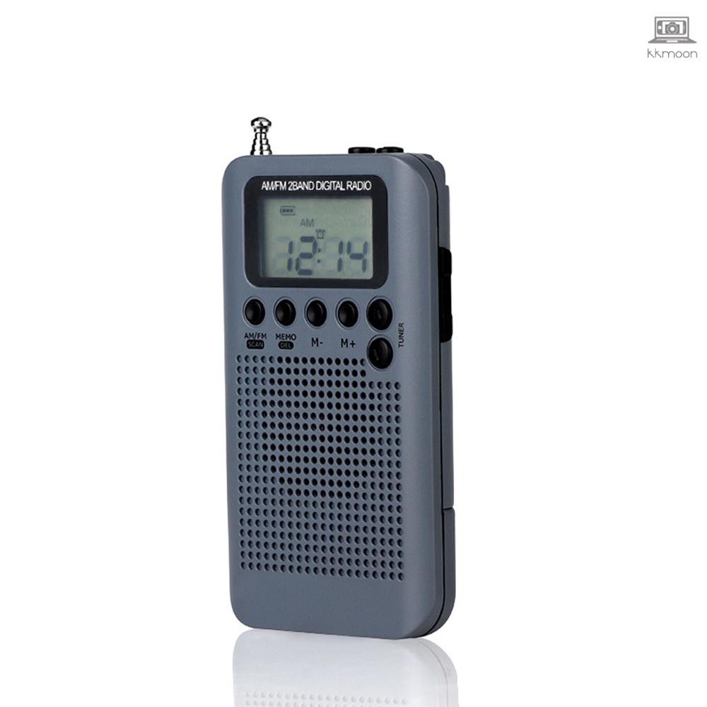 HRD-104 Portable AM/ FM Stereo Radio Pocket 2-Band Digital Tuning Radio Mini Receiver Outdoor Radio w/ Earphone Lanyard 1.3 Inch LCD Display Screen