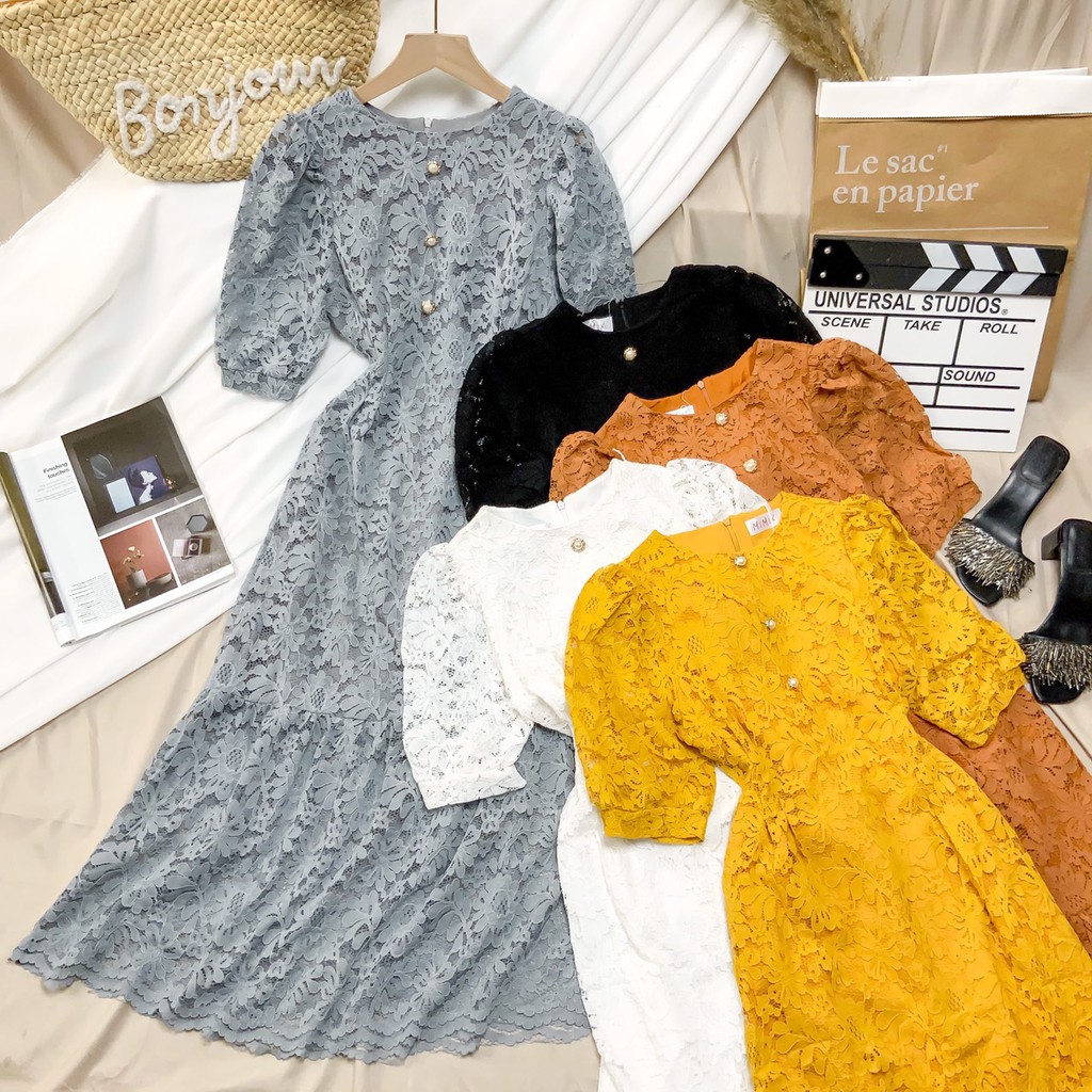 Đầm ren hoa MIMIX váy tay phồng đính cúc ngọc phối chân đuôi cá 5 màu ôm eo AQ9205 | BigBuy360 - bigbuy360.vn