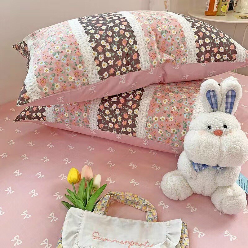 Chăn Ga Gối Cotton Living 💝 FREESHIP 💝 Bộ Chăn Ga Cotton 100% "Cúc Nhí Hồng " nhập khẩu 4 món