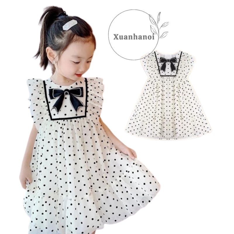 Váy bé gái chấm bi voan tơ cài nơ ngực XHN887