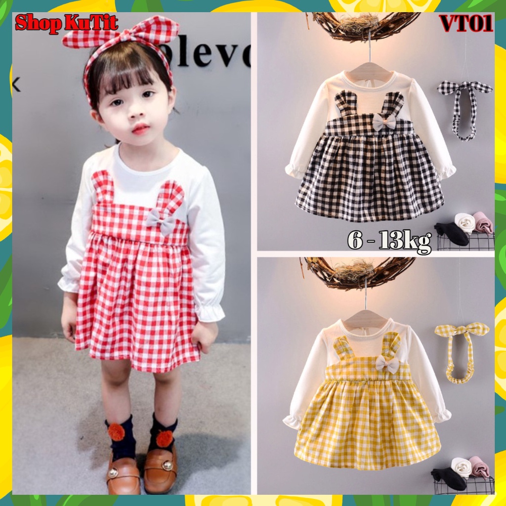Váy thu đông bé gái họa tiết kẻ caro tai thỏ kèm xinh xắn dành cho bé 1-3 tuổi VT01