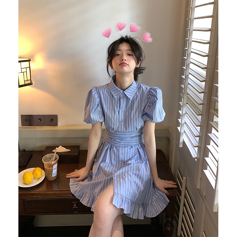 Order -Váy kẻ tay bồng chiết eo tôn dáng
