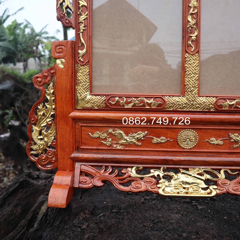 Khung hình thờ kiểu tứ linh vàng đôi gỗ hương cỡ ảnh 21x31