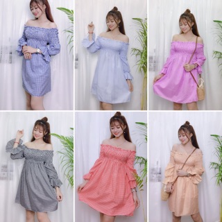 Đầm xoè, đầm babydoll bẹt vai tay loe caro hình thật 100%