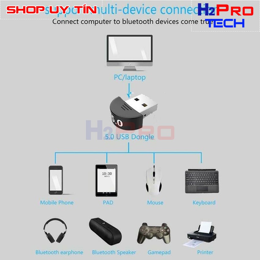 Usb bluetooth 5.0 Dongle H2PRO làm thiết bị kết nối bluetooth cho PC, laptop