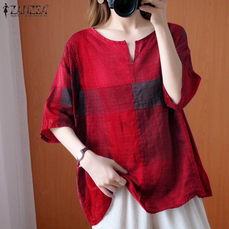Áo kiểu ZANZEA dáng rộng cổ tròn tay lửng họa tiết kẻ sọc caro cổ điển cho nữ