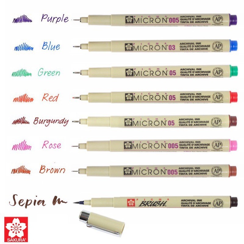 Bút đi nét Nâu - Sapie chuyên nghiệp SAKURA PIGMA MICRON 12 size (0.03 - Brush