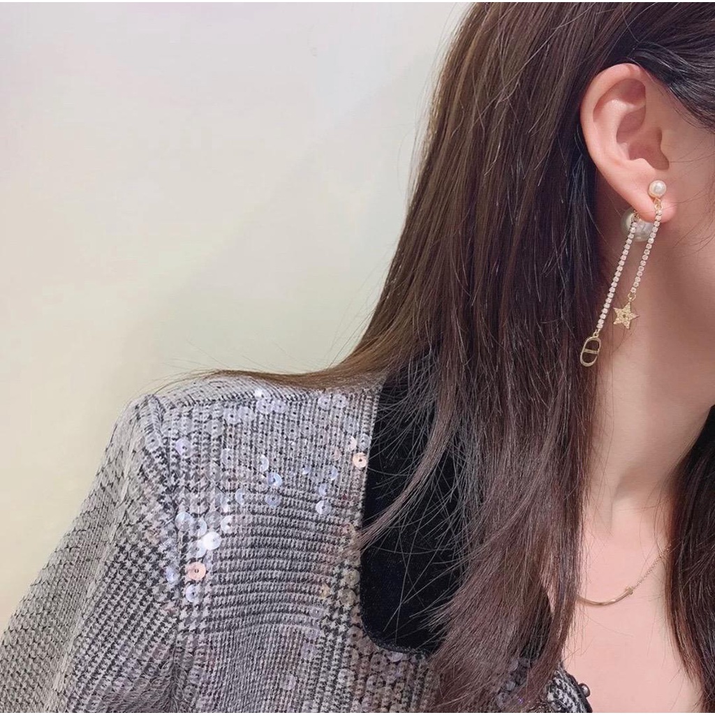 Bông Tai CD Khảm tua rua kim cương khuyên tai ngọc trai