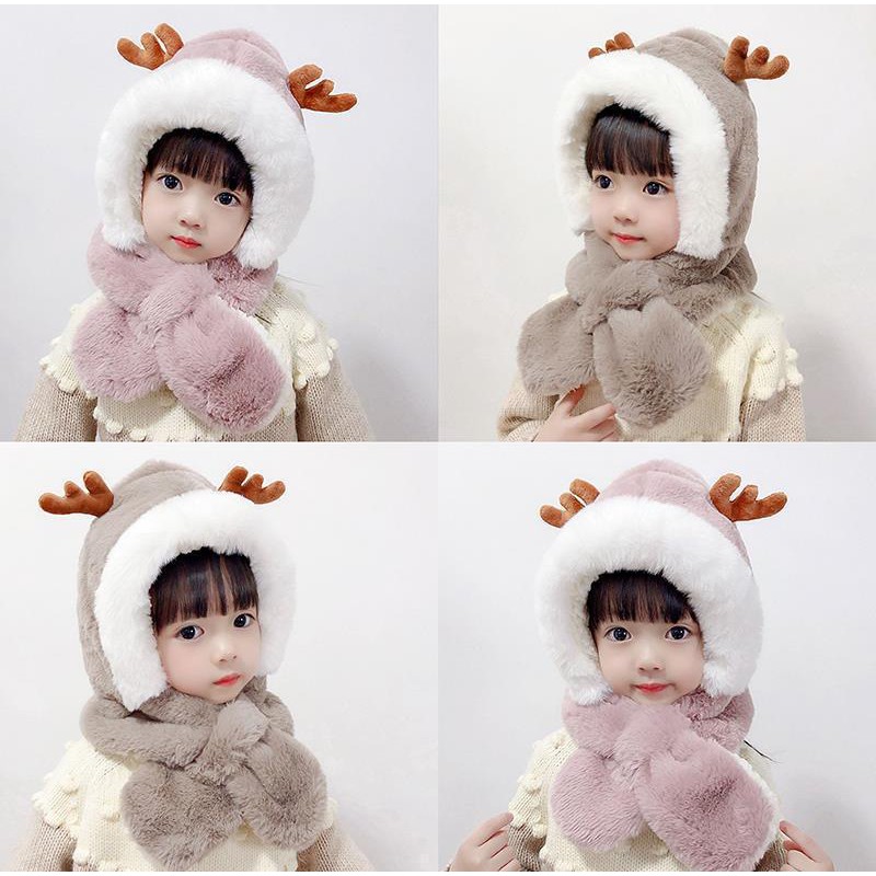 Mũ len lông sừng tuần lộc kèm khăn quàng cổ lông mềm cho bé từ 3 đến 8 tuổi phong cách Hàn Quốc
