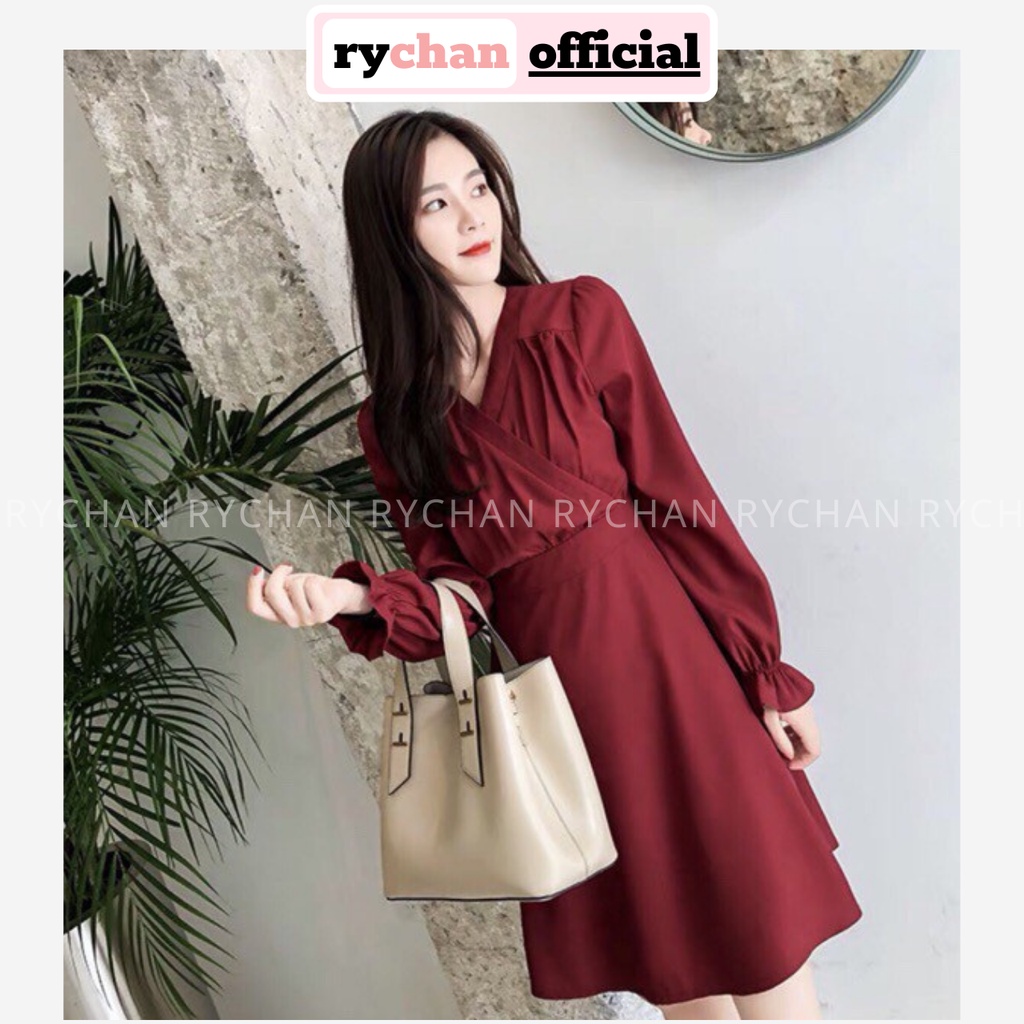 DX679 - Đầm Xòe Đỏ Đắp Chéo Tay Dài Cổ V