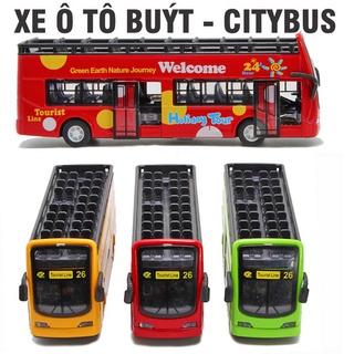 Xe ô tô buýt mui trần 2 tầng đồ chơi trẻ em mô hình xe bằng kim loại chạy cót có âm thanh và đèn tỉ lệ 1:32