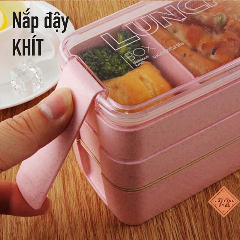 Hộp Cơm Lúa Mạch 3 Tầng Kèm Thìa ANHOME Cao Cấp, Hộp Cơm Văn Phòng 3 Tầng Tiện Lợi Giá Rẻ