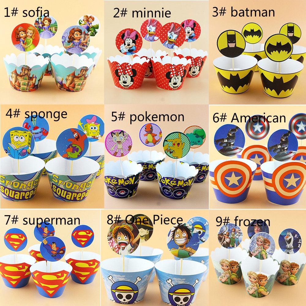 Hoạt Hình Set 12 Giấy Gói Bánh Cupcake + 12 Que Cắm Trang Trí Tiệc Sinh Nhật Cho Bé