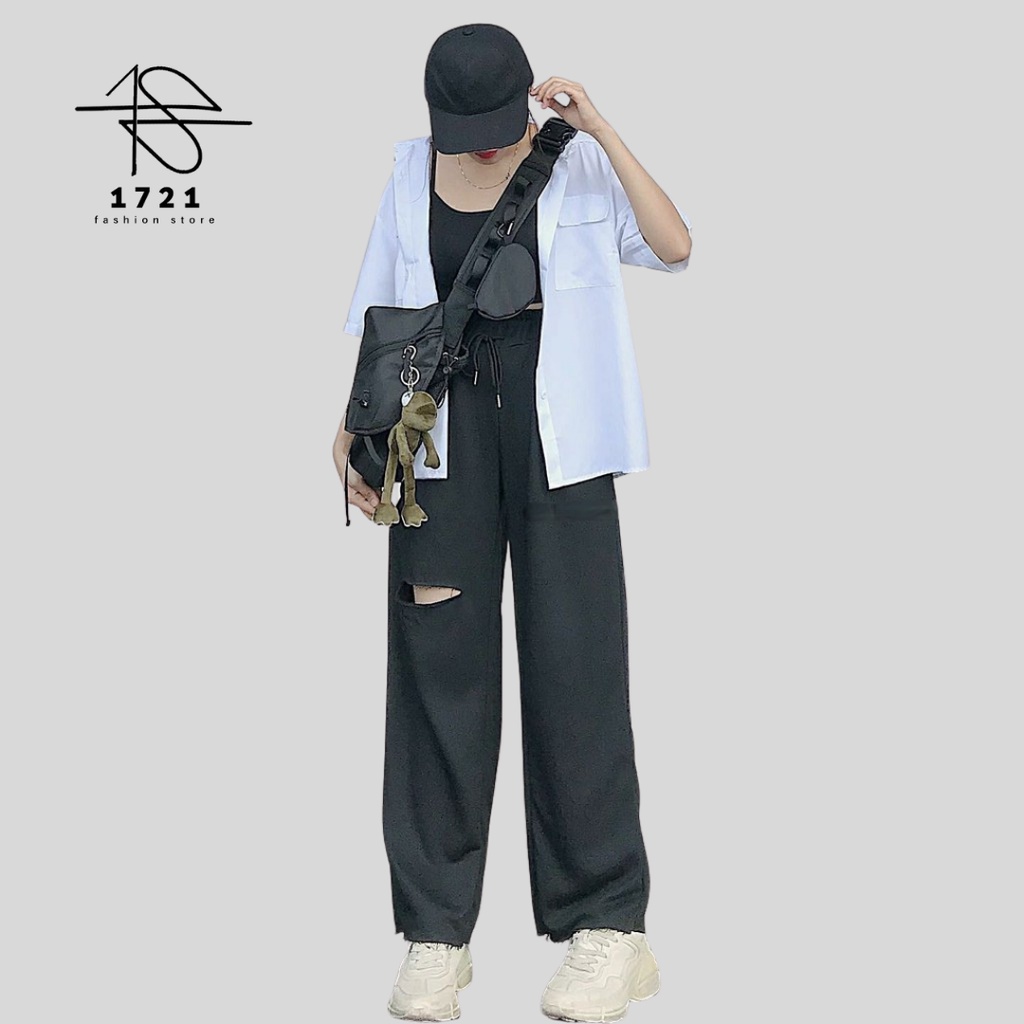 Quần Nỉ Ống Rộng Rách Gối IRU Unisex (Đen/Xám)