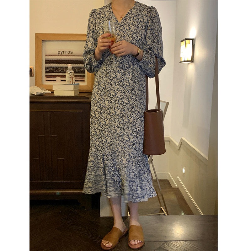 Đầm tay dài cổ chữ v in họa tiết hoa phong cách Hàn Quốc thời trang cho nữ