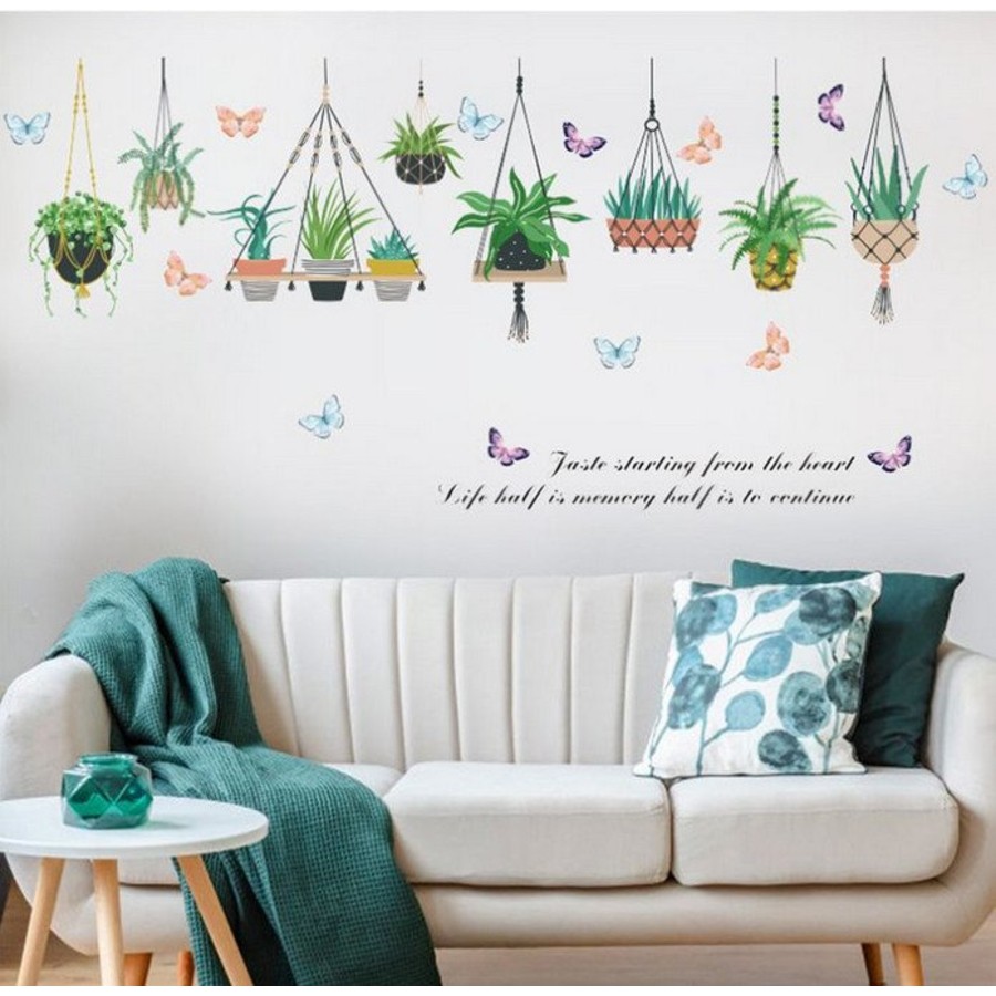 Decal dán tường chậu cây trang trí phòng khách, phòng ngủ - Giấy dán tường có keo sẵn không thấm nước - Tặng kèm keo sữa