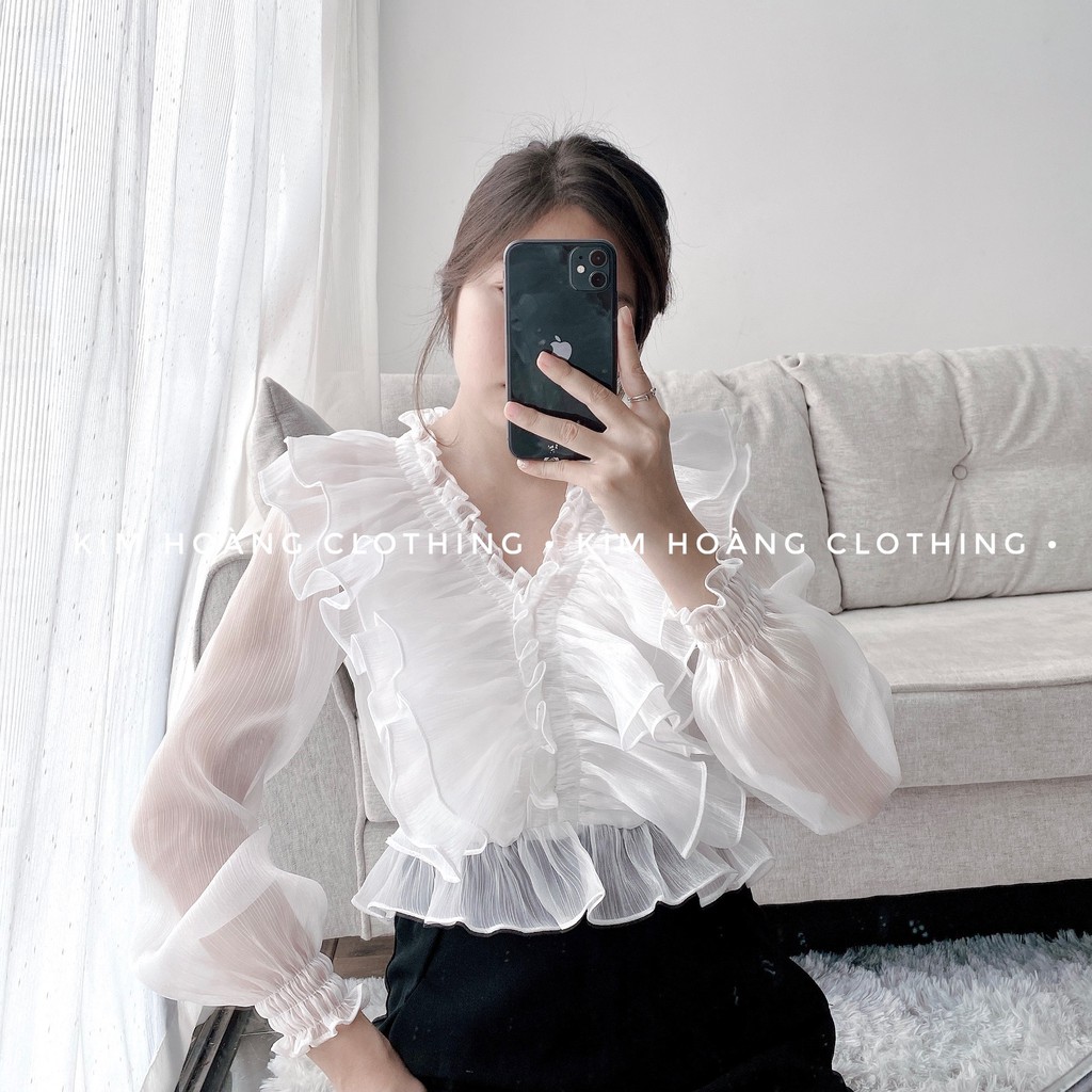 Áo sơ mi tiểu thư nữ bèo nhún kiểu trễ vai tay bồng bánh bèo