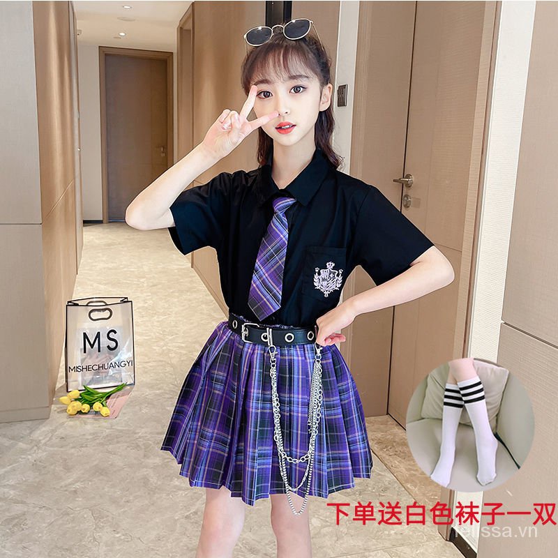 Bộ Đồng Phục Gồm Áo Tay Ngắn + Chân Váy Xếp Ly Thời Trang Mùa Hè Cho Bé Gái Tiểu Học