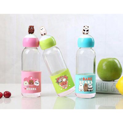 Bình nước ba anh em gấu lá cây 400ml BNCI2 thuỷ tinh bình nước cute chai nước dễ thương