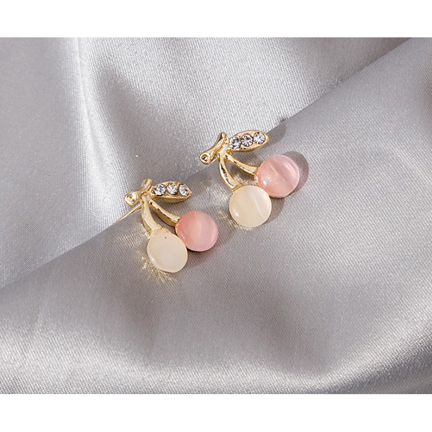 Bông Tai ULA Shop hình quả Cherry Khảm Đá Lấp Lánh chất liệu mạ bạc S925 Phong Cách Hàn Quốc