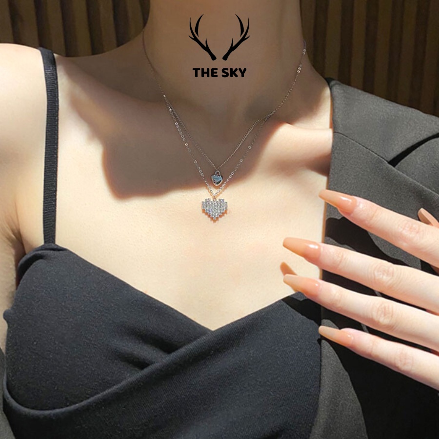 Dây Chuyền Bạc THE SKY DC1025 Dây Hai Tầng Kèm Mặt Trái Tim Đính Đá Sang Trọng Hot Trend Cho Nữ