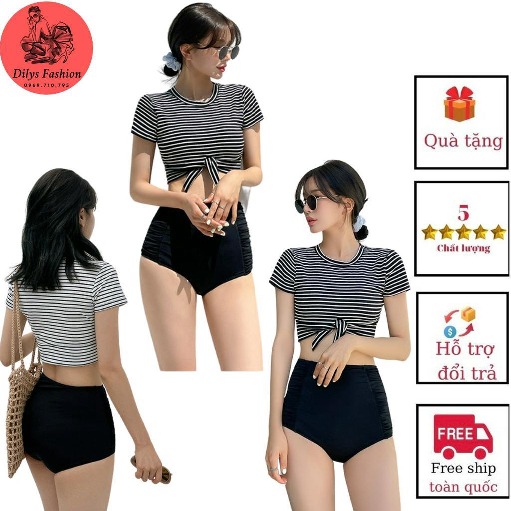 Bikini 2 mảnh kín đáo DILYSFASHION BK1029, Đồ bơi nữ đi biển phong cách hàn quốc áo cộc kẻ sọc thắt nơ quần nhúm