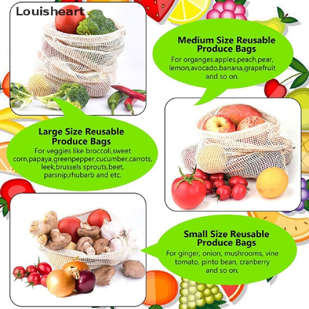Louisheart Reusable Grocery Produce Bags Cotton Kitchen String Net Tote Bag Fruit Vegetable TFG