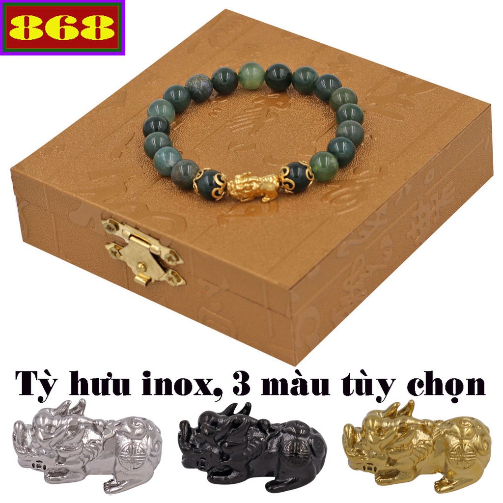 Vòng chuỗi đeo tay xanh đậm size 8 ly tỳ hưu inox mix 2 khía VCTXDTHBK8