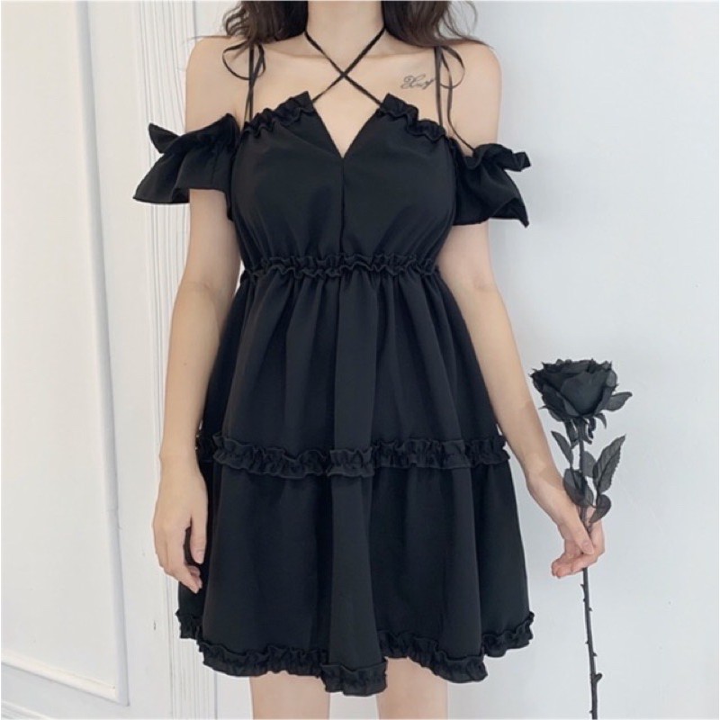 (CLIP THẬT) Đầm babydoll trễ vai dự tiệc đen tay bồng thắt dây nơ cổ