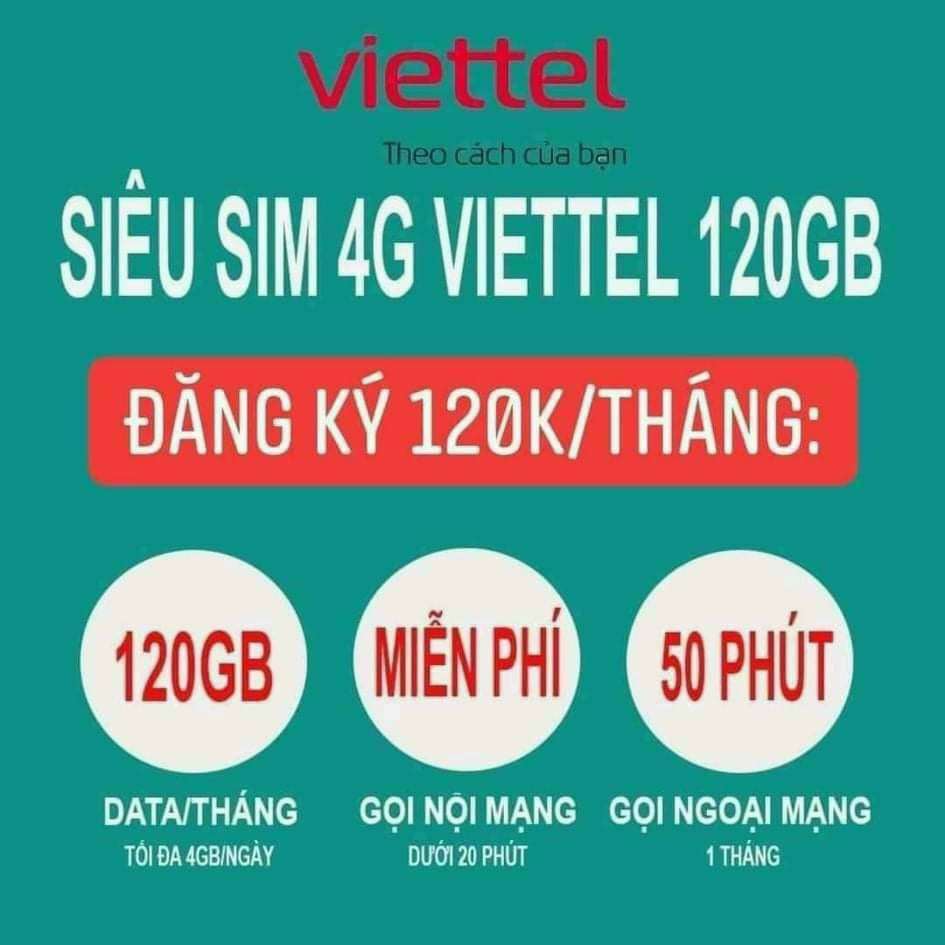 Sim 4G Viettel V120 GÓI VIP - 4GB/NGÀY - 120GB DATA TỐC ĐỘ CAO - MIỄN PHÍ GỌI