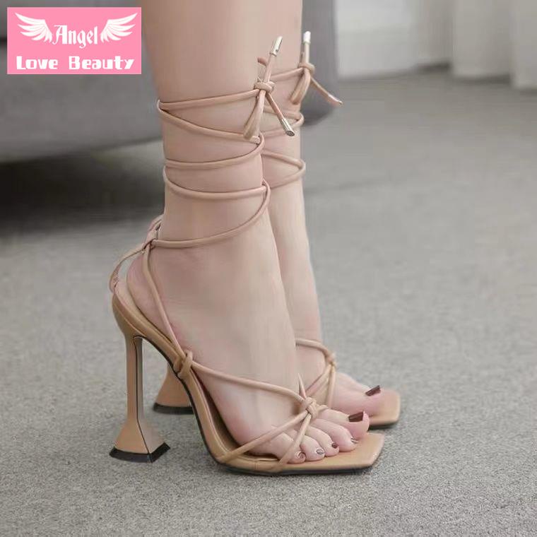Giày Sandal Cao Gót Mũi Vuông Thắt Dây Phong Cách Âu Mỹ Hàng Mới Thời Trang Mùa Hè Dành Cho Nữ 2022