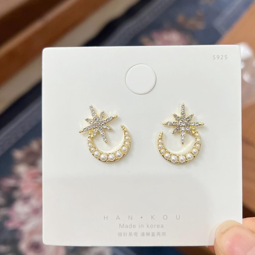 Bông tai bạc S925 Hoa tai kiểu dáng mặt trăng và ngôi sao không gây dị ứng da thời trang Hàn Quốc, June accessories