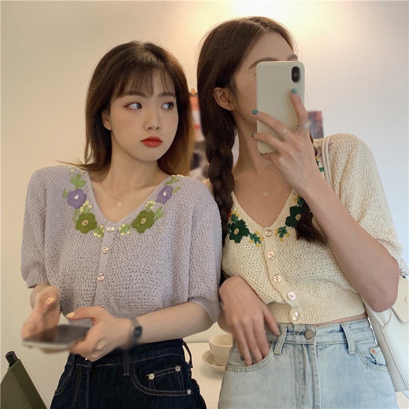 Áo Cardigan Dệt Kim Tay Ngắn Cổ Chữ V Hoạ Tiết Hoa Thêu Phong Cách Retro Cho Nữ | BigBuy360 - bigbuy360.vn