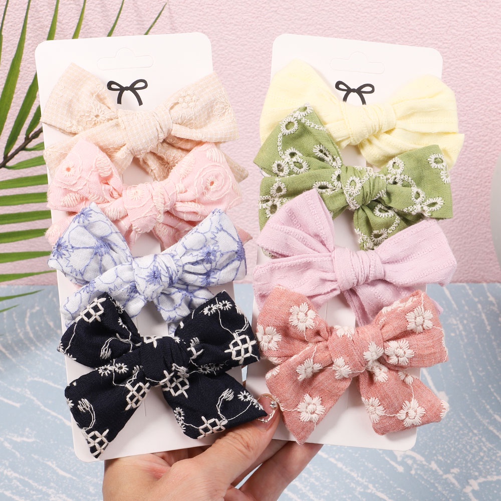 Set 4 kẹp tóc KIDSBOWS trang trí nơ thêu họa tiết hoa xinh xắn dành cho bé gái