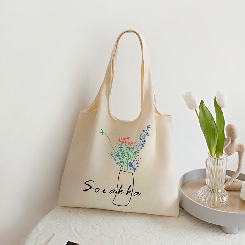 Túi tote Hazin túi vải canvas nữ hoạ tiết bình hoa đựng vừa laptop cỡ lớn đeo vai phong cách ulzzang