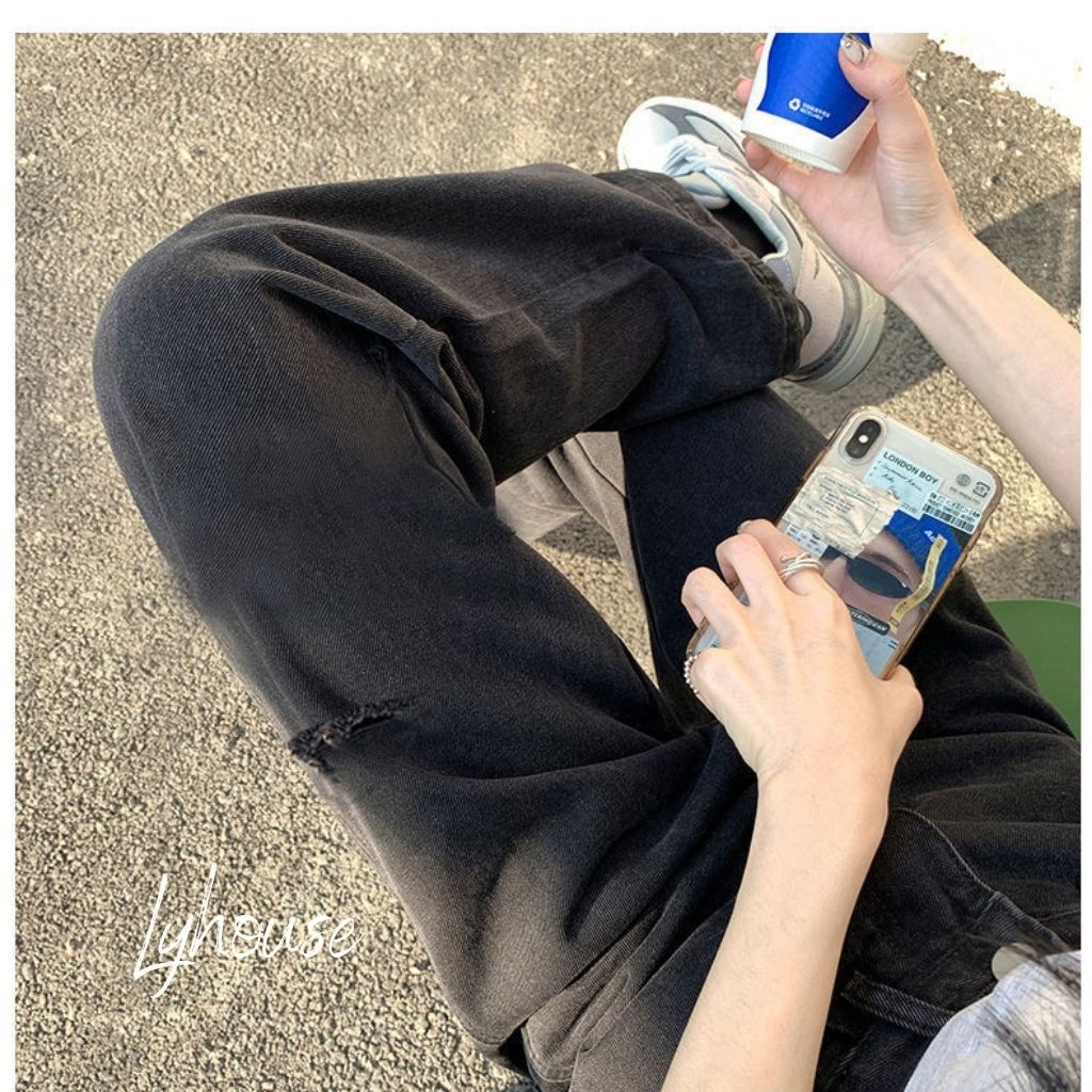 Quần Jeans Nữ Ống Suông Rộng Đen Rách Gối Nam Nữ Unisex phong cách ulazzang hàn quốc Siêu Chất QJR01