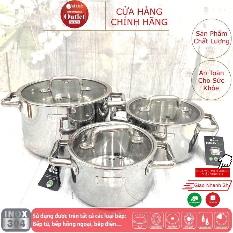 Bộ 3 Nồi Inox Liền Đáy Elmich Trimax ECO EL-8001 size 18, 20, 26cm