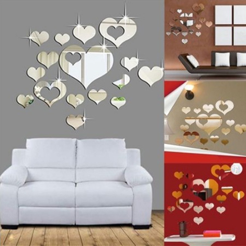 Miếng dán tường hình trái tim 3D chất liệu hợp kim + acrylic trang trí nhà tiện dụng