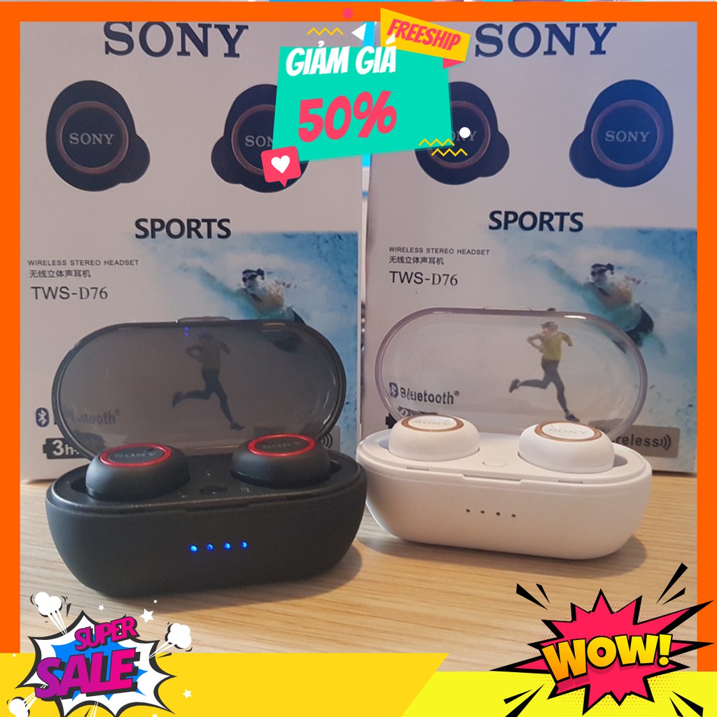 Tai nghe bluetooth Sony TWS D76 cao cấp kiểu airpod 2 tai nhét có dock sạc | BigBuy360 - bigbuy360.vn
