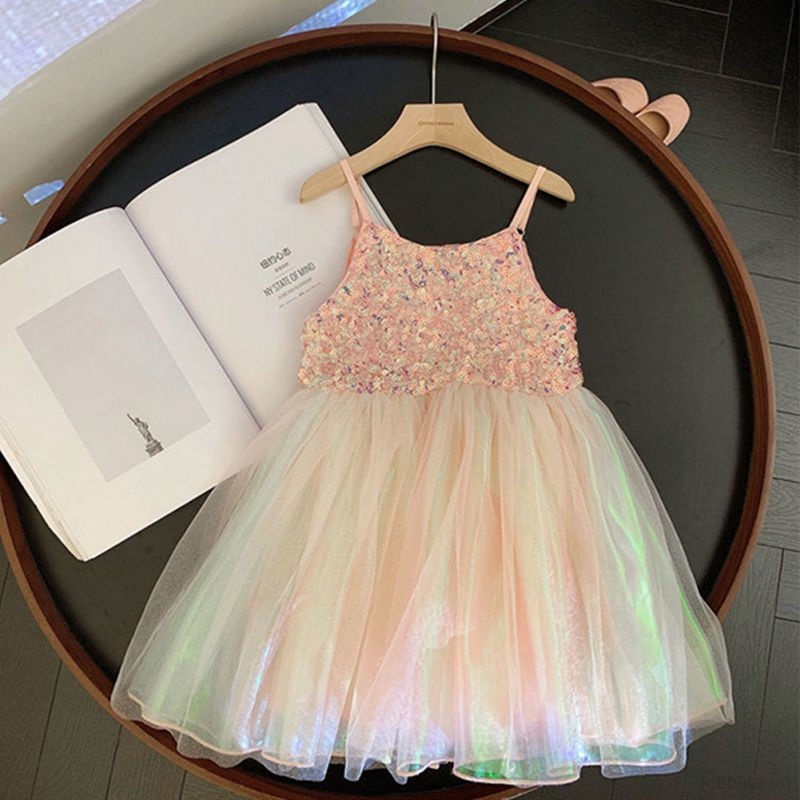 Đầm Hai Dây Phối Lưới Đính Kim Sa Lấp Lánh Thời Trang Mùa Hè Cho Bé Gái