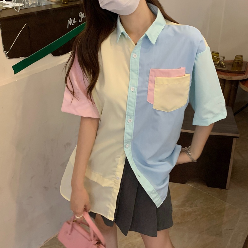 Áo sơ mi ZHELIHANGFEI tay ngắn dáng rộng màu macaron thời trang dành cho nữ