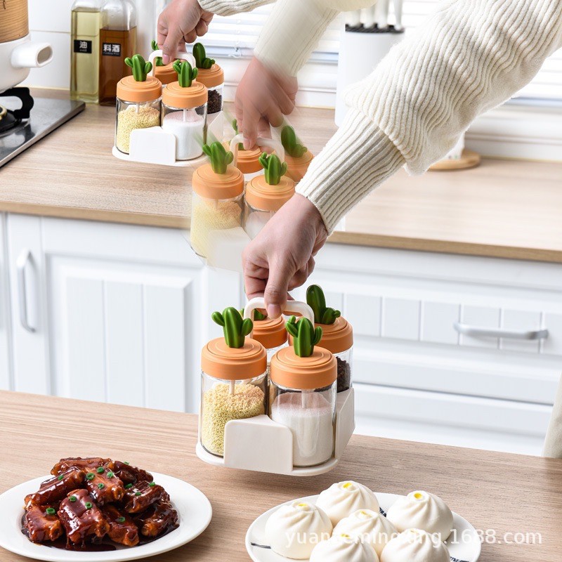 Set Hộp/ Lọ Đựng Gia Vị Thuỷ Tinh Hình Cây Xương Rồng Có Kệ Để