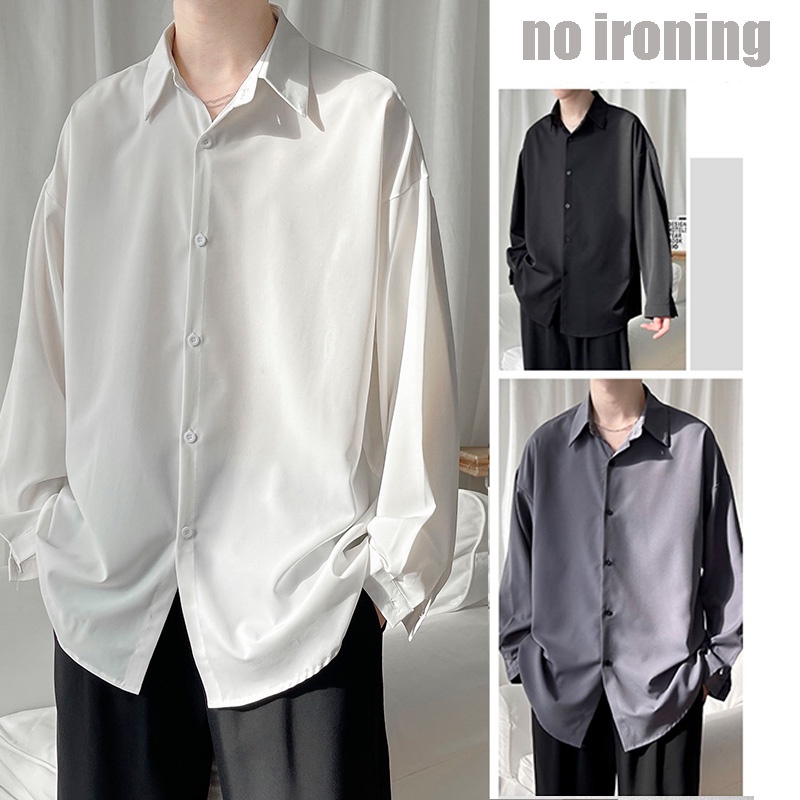 Áo Sơ Mi Tay Dài Bằng Lụa Lạnh Cao Cấp Dáng Rộng Màu Đen Dễ Phối Đồ Thời Trang Hàn Quốc Cho Nam