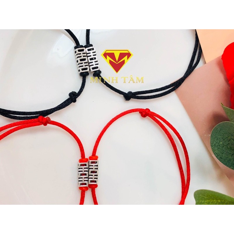 Vòng tay đôi bạc chữ Hỷ,Vòng tay đôi bạc charm uyên ương chữ Hỷ-Minh Tâm Jewelry