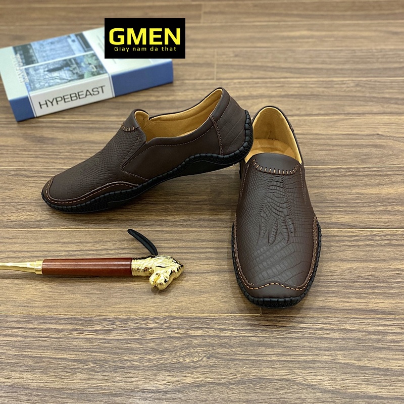 Giày lười nam chất liệu da bò dập vân cá sấu đế cao su khâu chỉ bền bỉ GM 0103