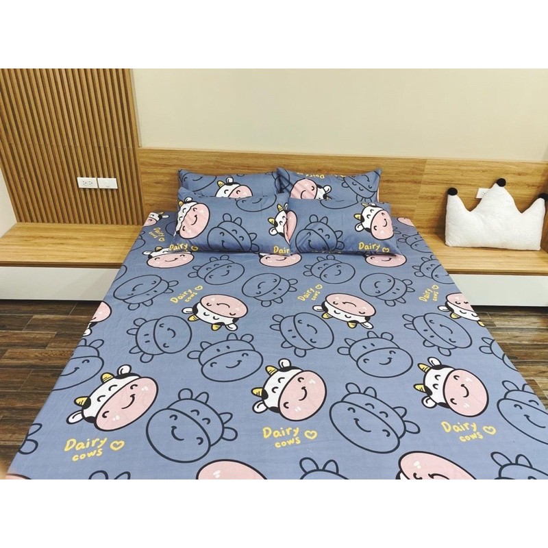 Bộ Ga Gối Cotton Poly Hàn Quốc 3D - Bò Xanh