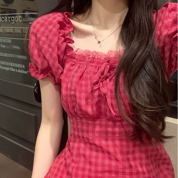 Đầm Chữ A Tay Ngắn Phồng Cổ Vuông Thắt Nơ Họa Tiết Sọc Caro Phong Cách Hàn Quốc Ngọt Ngào Cho Nữ