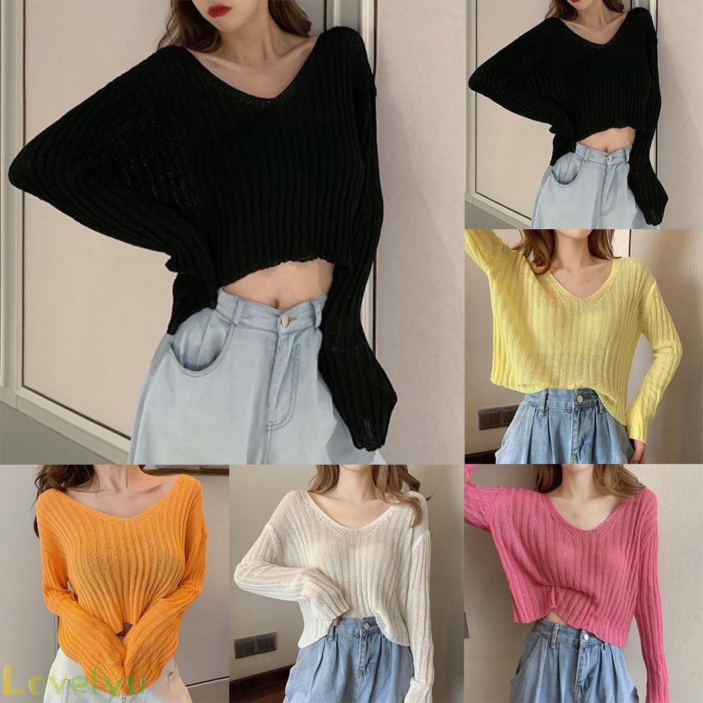 Áo dệt kim tay dài cổ chữ V trễ vai màu trơn 100% hàng mới chất lượng cao